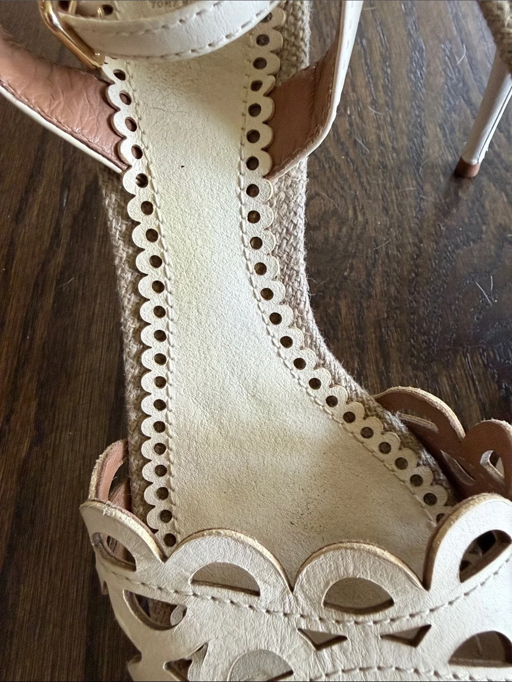 Tory Burch Ivory Scalloped Laser-Cut Ankle Strap Heels